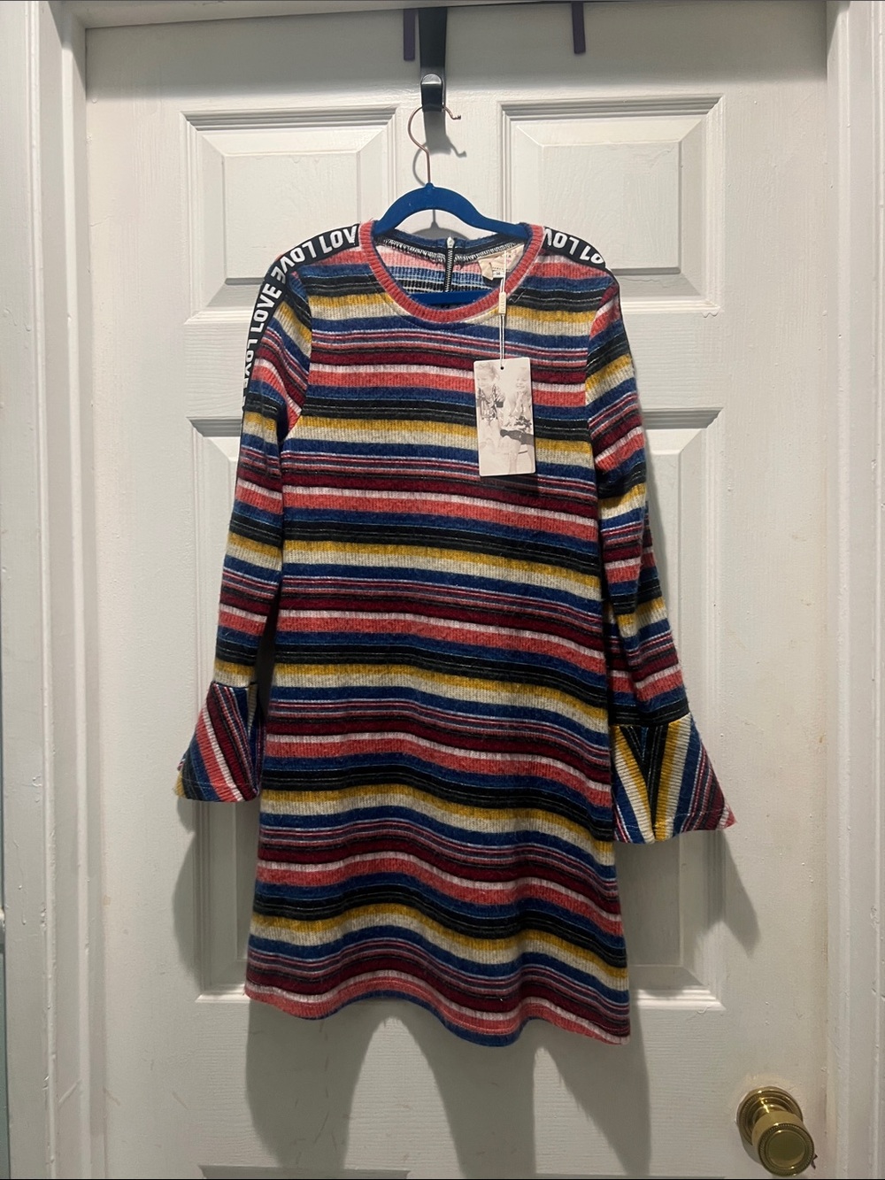 Hannah Banana Multicolor Striped Knit Dress with Bell Sleeves NWT